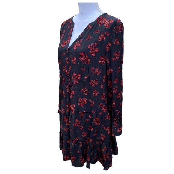LOFT Womens Size Large Black Red Floral Tiered Dress Long Sleeve Split Neck - Picture 2 of 9
